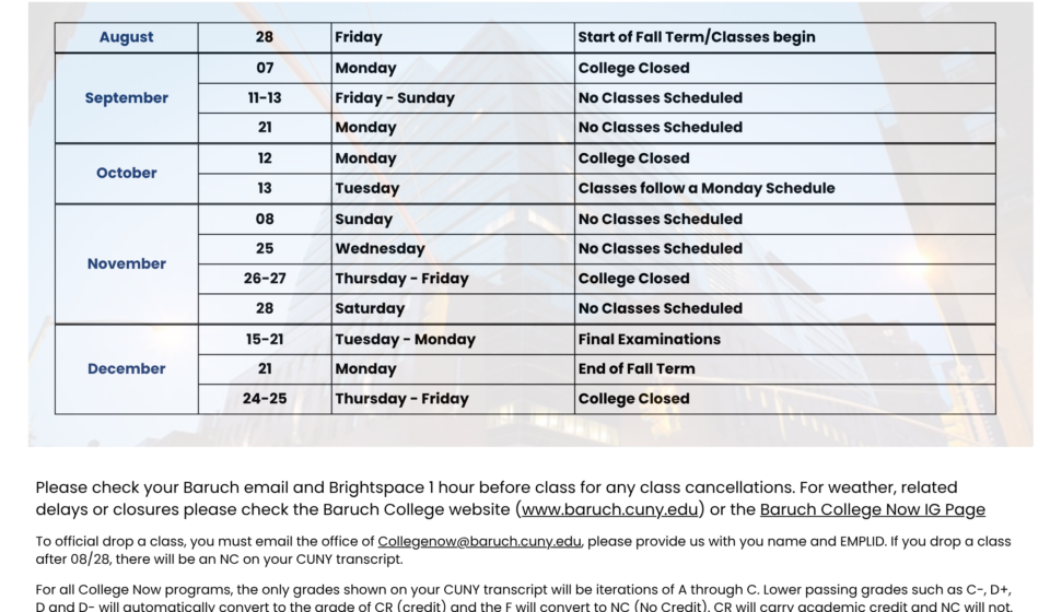 Baruch College Now Academic Calendars
