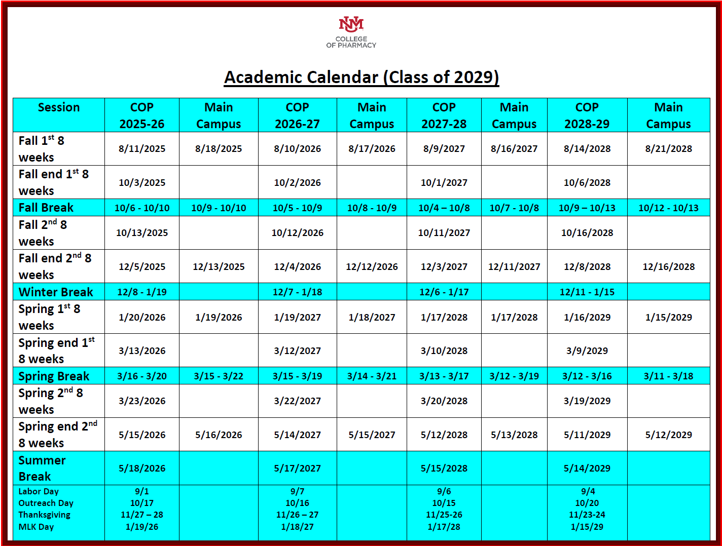 college of pharmacy academic calendar class of 2029
