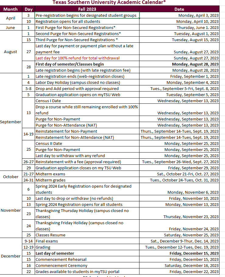 Tsu Academic Calendar