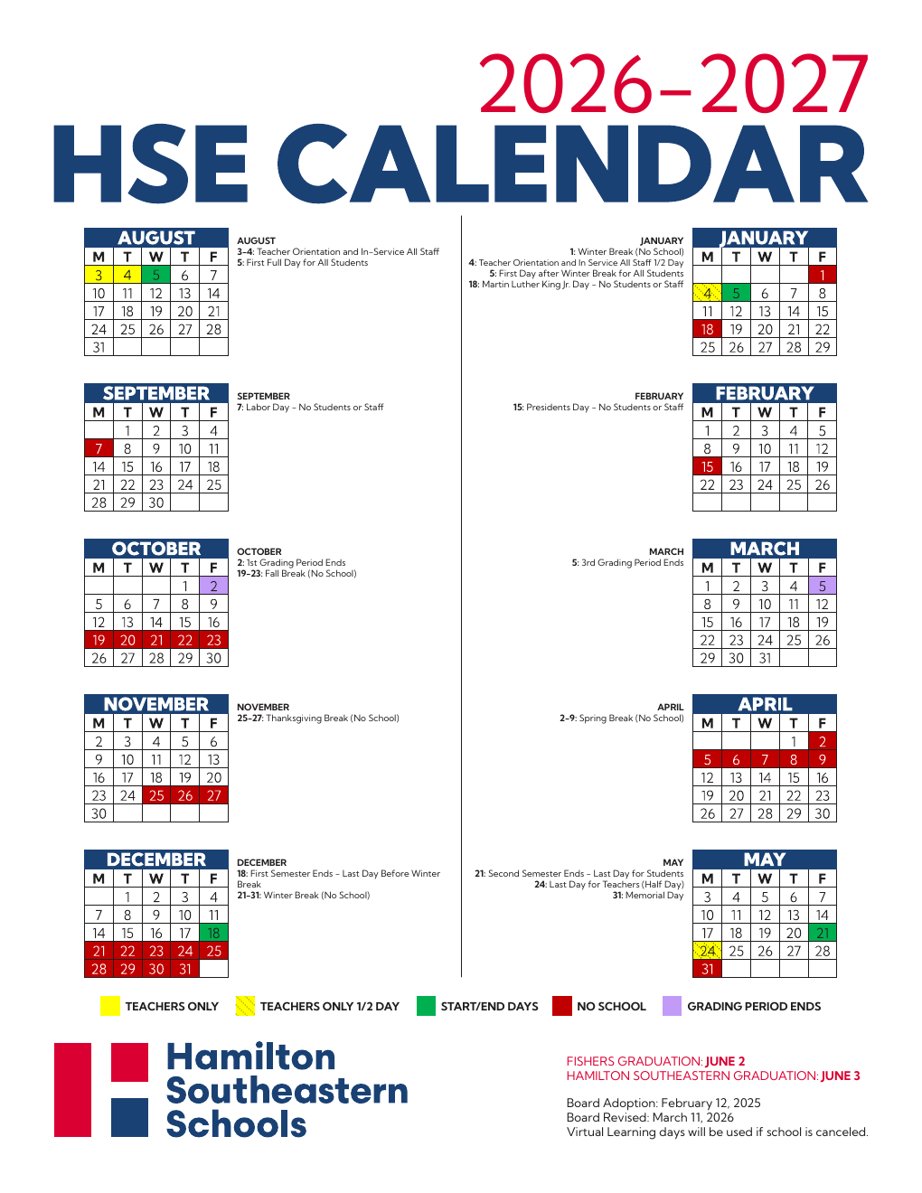 hamilton southeastern schools integration calendar 2026 2027 1