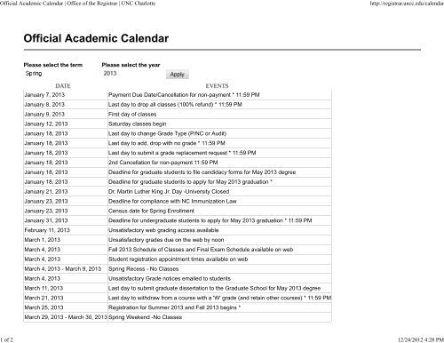 official academic calendar office of the registrar unc charlotte 1