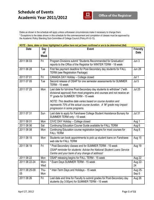 Fanshawe Academic Calendar