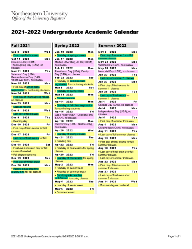 Northeastern Academic Calendar